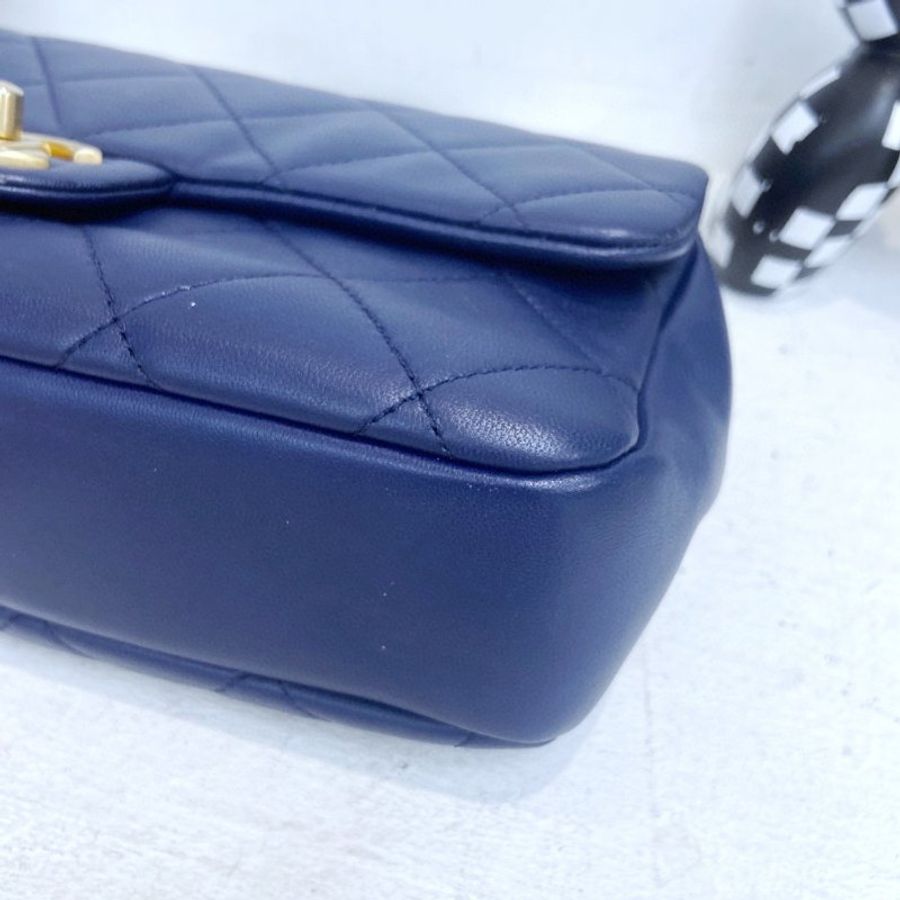 【CHANEL】香奈兒 Lambskin Classic Flap Bag 25 Handle 藍色 金扣 CF25手柄 25x6x14 正品（二手）K0288-4