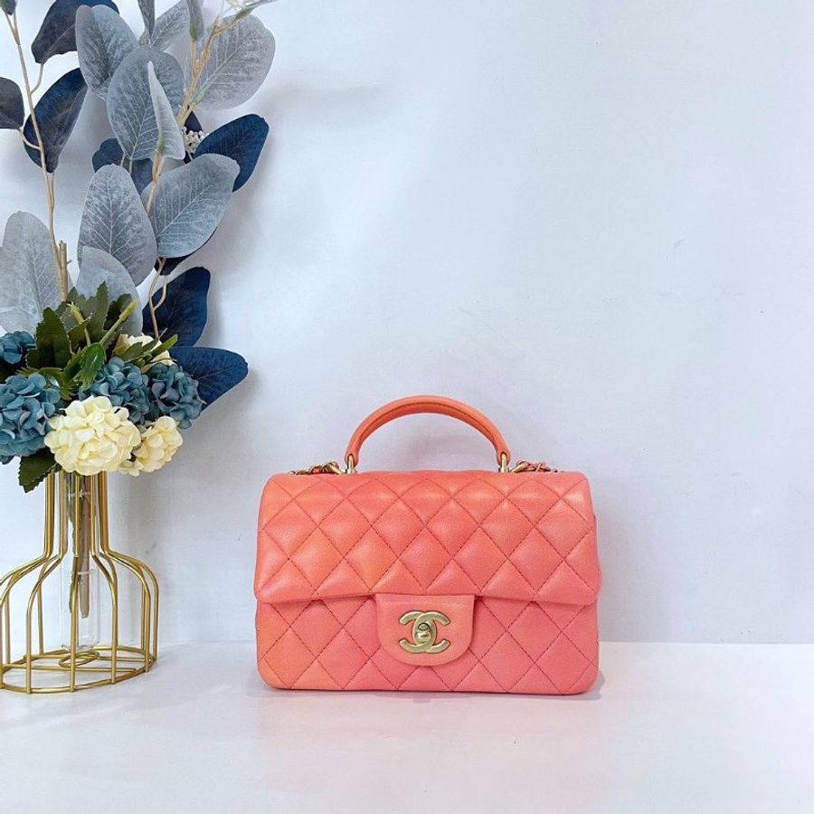 【CHANEL】香奈兒 Lambskin Classic Flap Bag 20 Handle 粉色漸變 金扣 CF20手柄 20x12x6 正品(二手)F1334-0