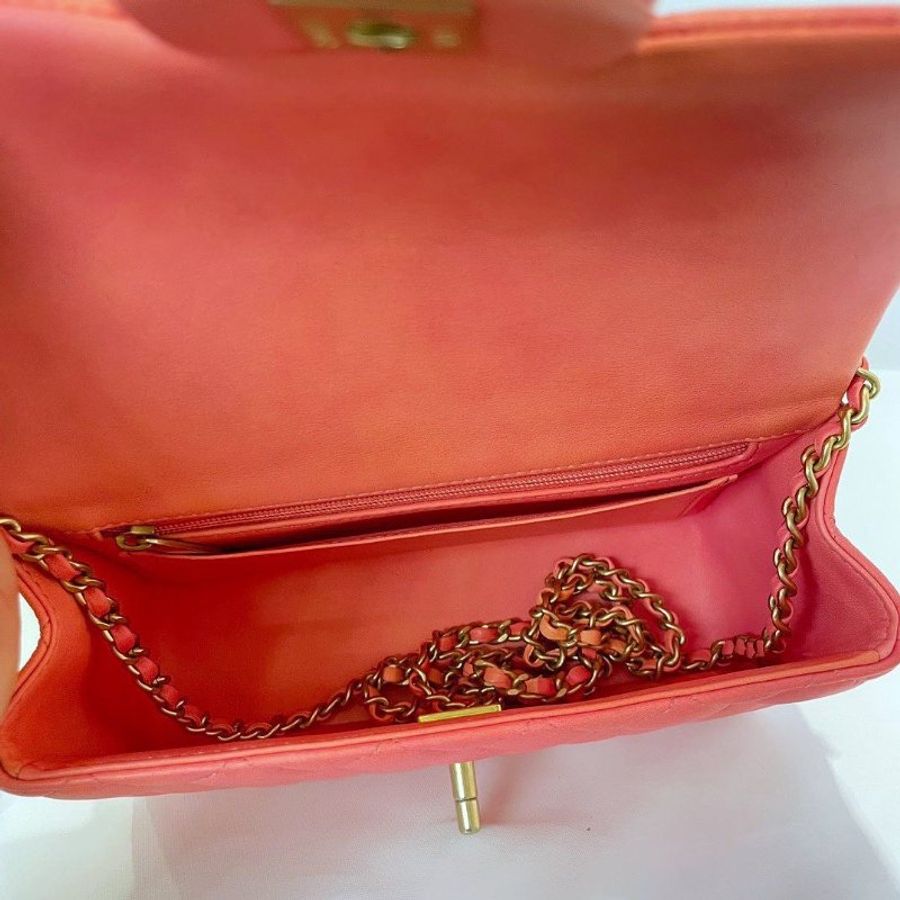 【CHANEL】香奈兒 Lambskin Classic Flap Bag 20 Handle 粉色漸變 金扣 CF20手柄 20x12x6 正品(二手)F1334-8