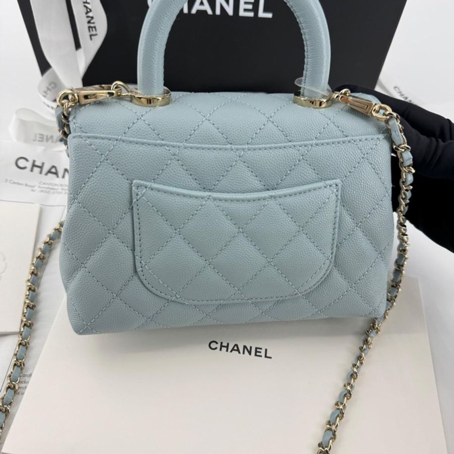 Chanel 2022 Caviar Leather Light Blue Quilted Mini Coco Handle Flap Bag with Champagne-gold toned Hardware-1