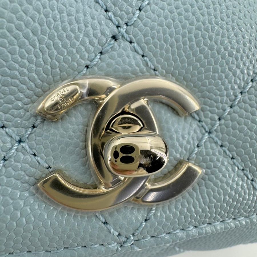 Chanel 2022 Caviar Leather Light Blue Quilted Mini Coco Handle Flap Bag with Champagne-gold toned Hardware-12