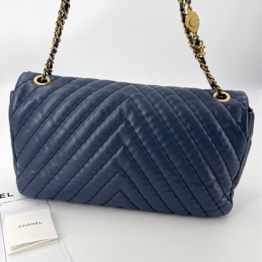 Chanel (12) Lambskin Chevron Medallion Charm Dark Blue Jumbo Classic Flap Bag with Gold Hardware-1