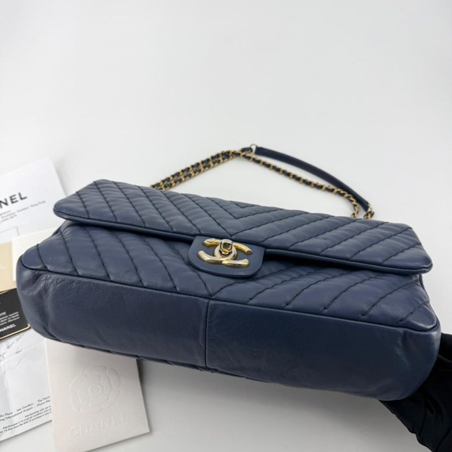 Chanel (12) Lambskin Chevron Medallion Charm Dark Blue Jumbo Classic Flap Bag with Gold Hardware-4