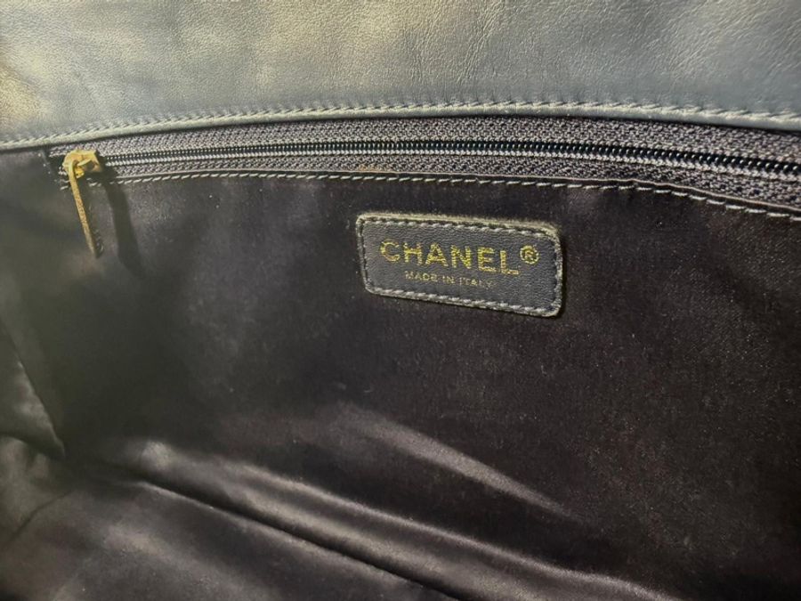 Chanel (12) Lambskin Chevron Medallion Charm Dark Blue Jumbo Classic Flap Bag with Gold Hardware-11