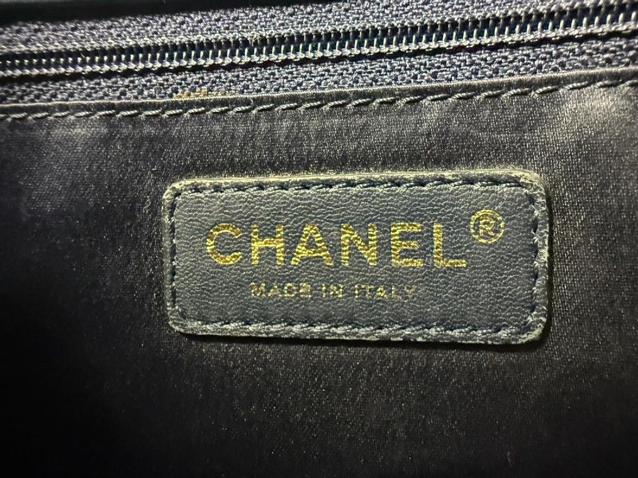 Chanel (12) Lambskin Chevron Medallion Charm Dark Blue Jumbo Classic Flap Bag with Gold Hardware-12