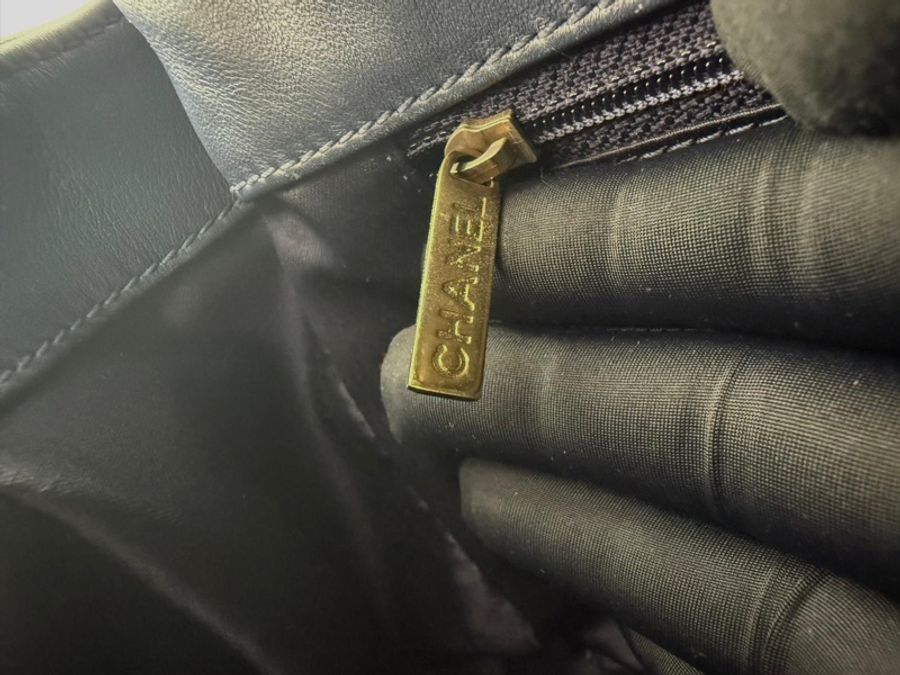 Chanel (12) Lambskin Chevron Medallion Charm Dark Blue Jumbo Classic Flap Bag with Gold Hardware-13