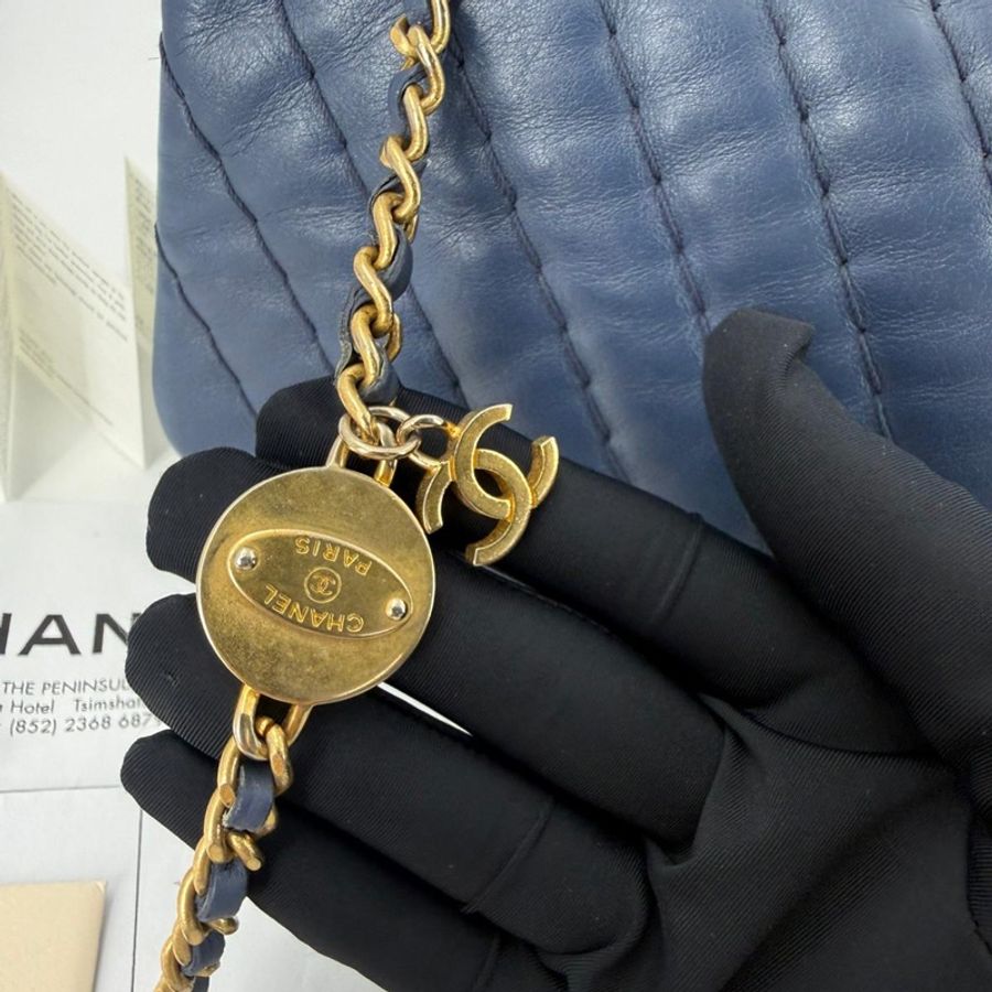 Chanel (12) Lambskin Chevron Medallion Charm Dark Blue Jumbo Classic Flap Bag with Gold Hardware-15