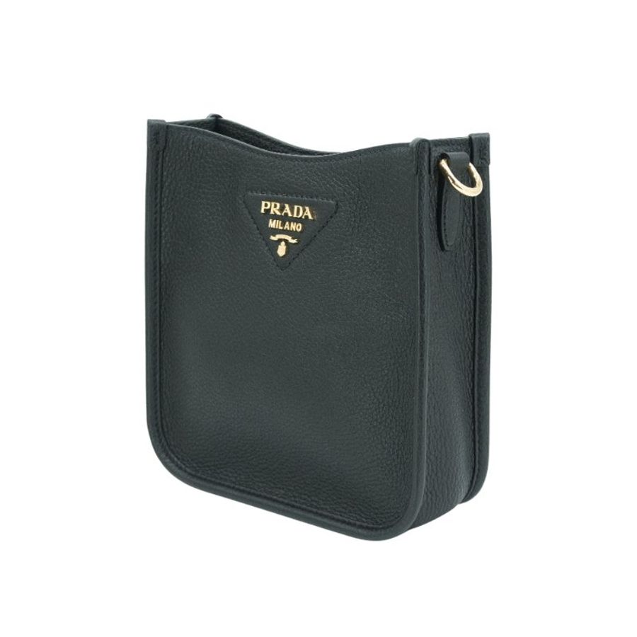 Prada 荔枝皮金三角浮雕logo直式斜背包(1BH191-黑)-2