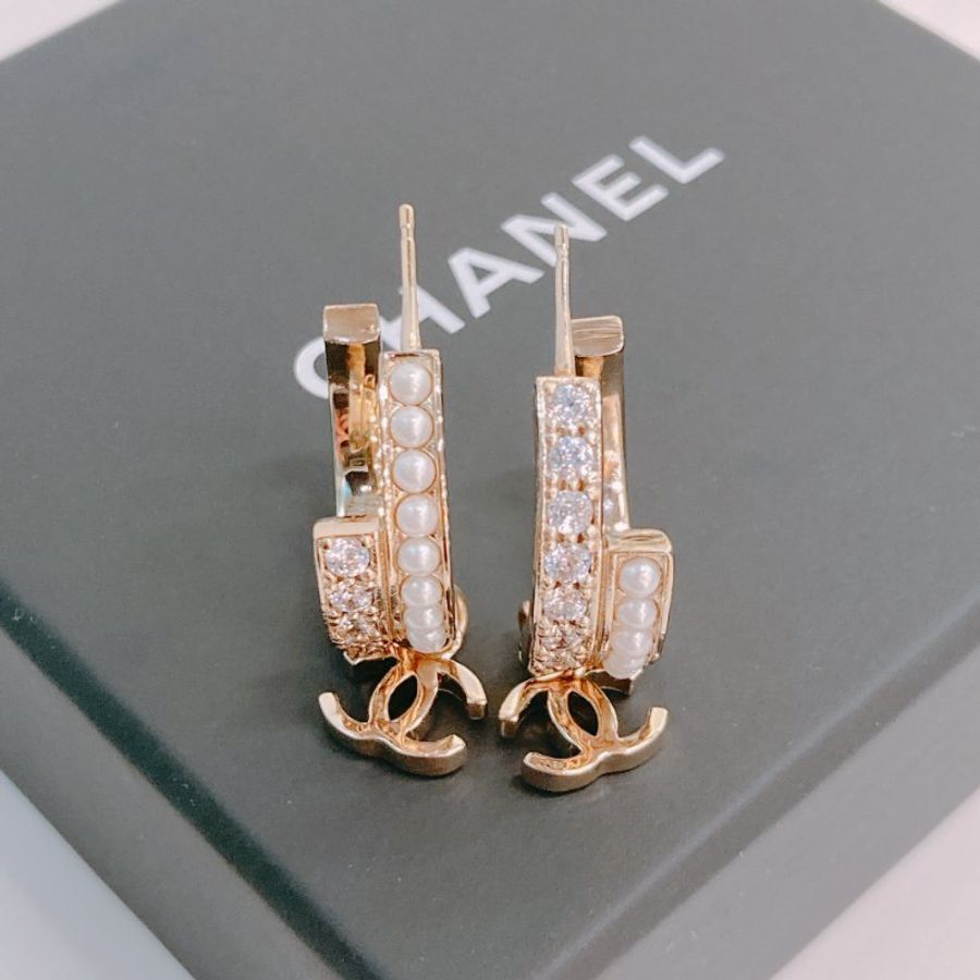 MS0489 Chanel 香奈兒 環形 耳環 水鑽 珍珠 金色 Crystal And Pearl CC Hoop Earrings Pearl x GHW-1