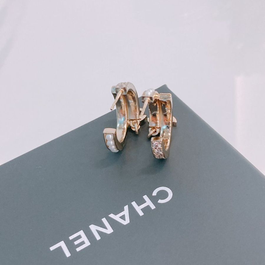 MS0489 Chanel 香奈兒 環形 耳環 水鑽 珍珠 金色 Crystal And Pearl CC Hoop Earrings Pearl x GHW-4
