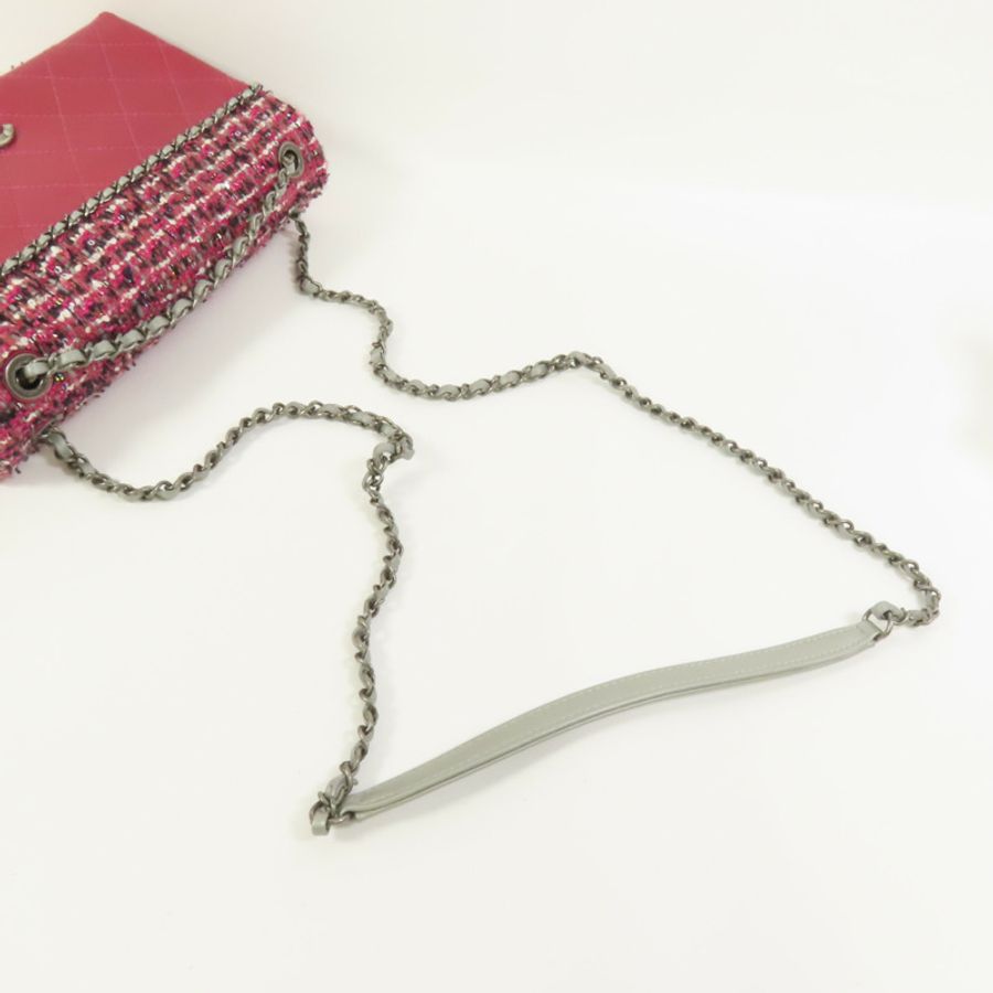 CHANEL Tweed/牛皮皮革Chain Shoulder Flap Bag銀扣鏈帶肩背袋-4