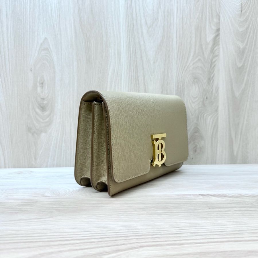 BURBERRY奶茶色粒面牛皮TB金釦雙層風琴包8020641-3