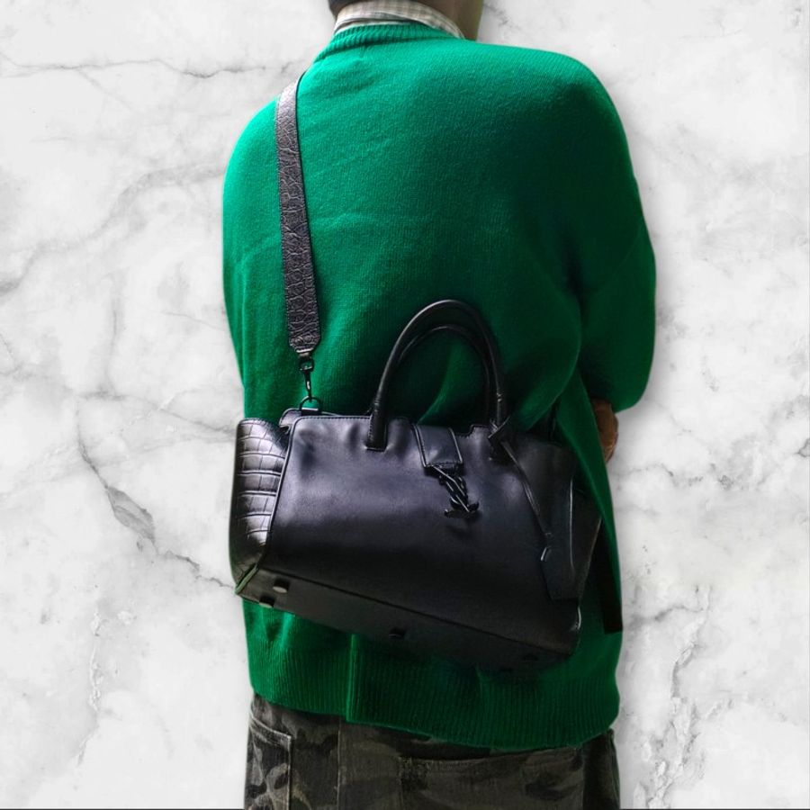 ㊣✨YSL✨SAINT LAURENT 聖羅蘭 黑色 拼接 壓紋 鱷魚紋 烤漆 兩用 醫生包 手提包 肩背包包/二手精品/保證正品🌳二手樹屋🌳-70
