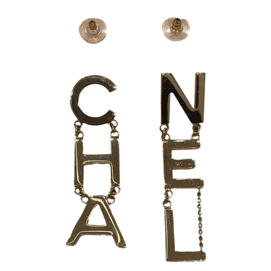 CHANEL 香奈兒 LOGO針式垂墜耳環 金色 合金-1