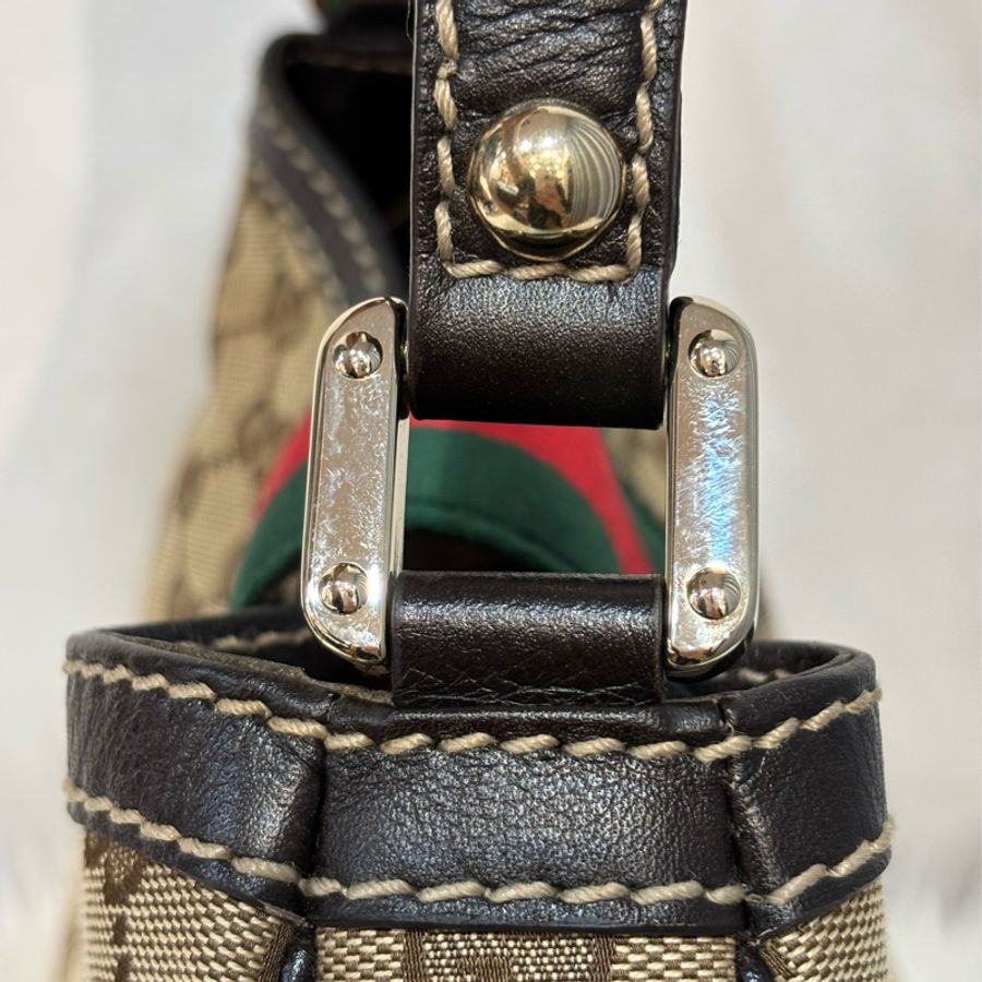 GUCCI 233608 GG LOGO 綠紅綠織帶 老花字紋緹花布 咖啡牛皮 肩背包 HOBO-7