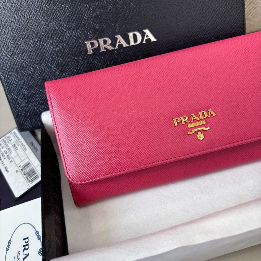 【近新閒置品】Prada 粉色十字紋牛皮長款錢包長夾財布-2