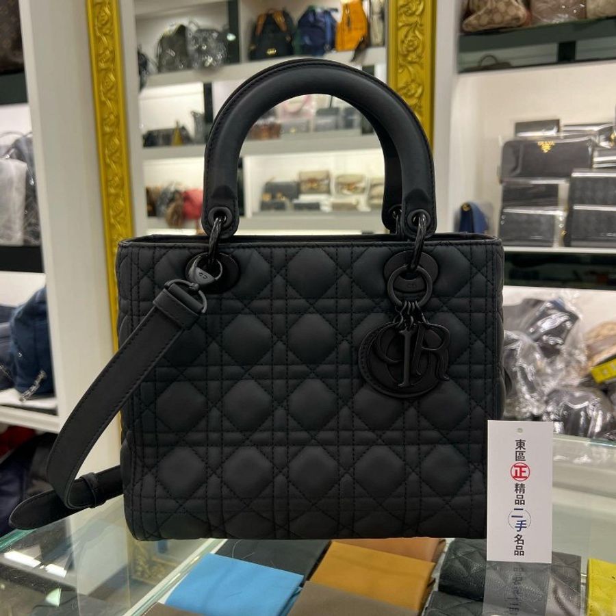 東區正精品㊣CHRISTIAN DIOR LADY 迪奧黑色全皮5格黑色吊飾黑釦拉鍊肩背包手提包黛妃包 RZ4990-0