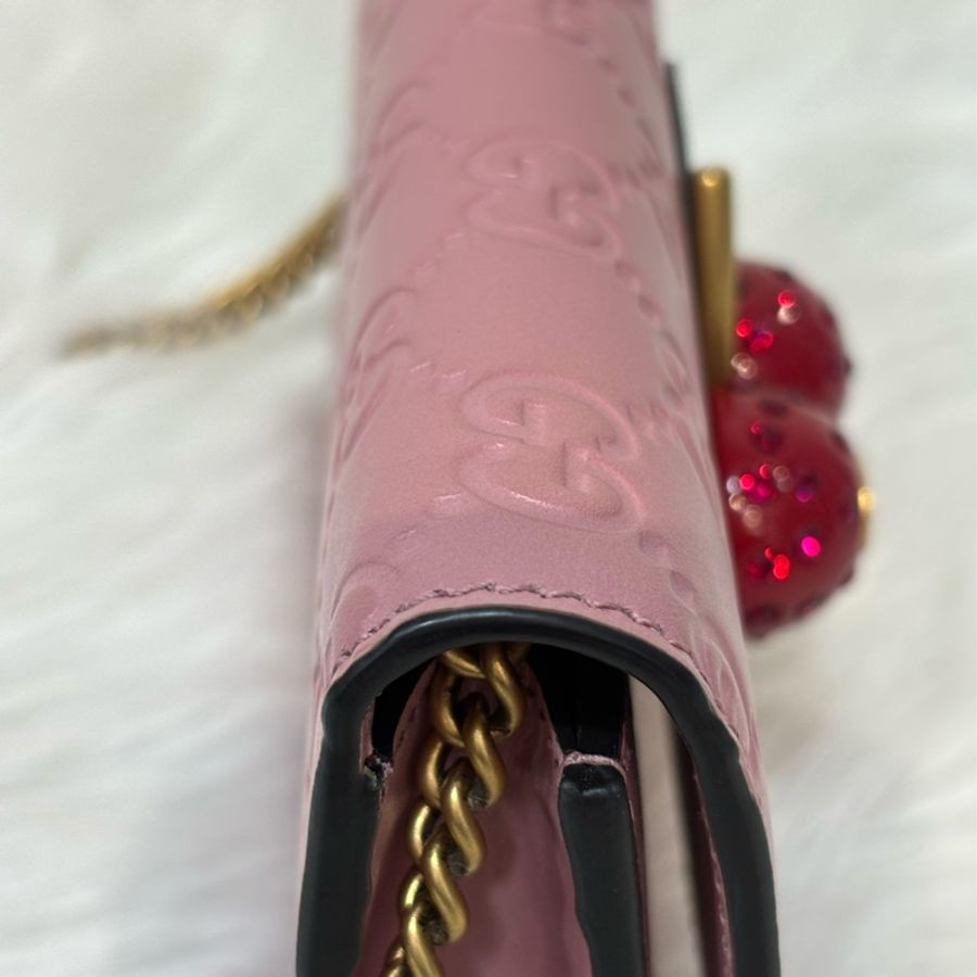 GUCCI 481291 GG Supreme WOC 立體水鑽櫻桃 粉紅色牛皮 肩背包斜背包小廢包手拿包 日本限定-2