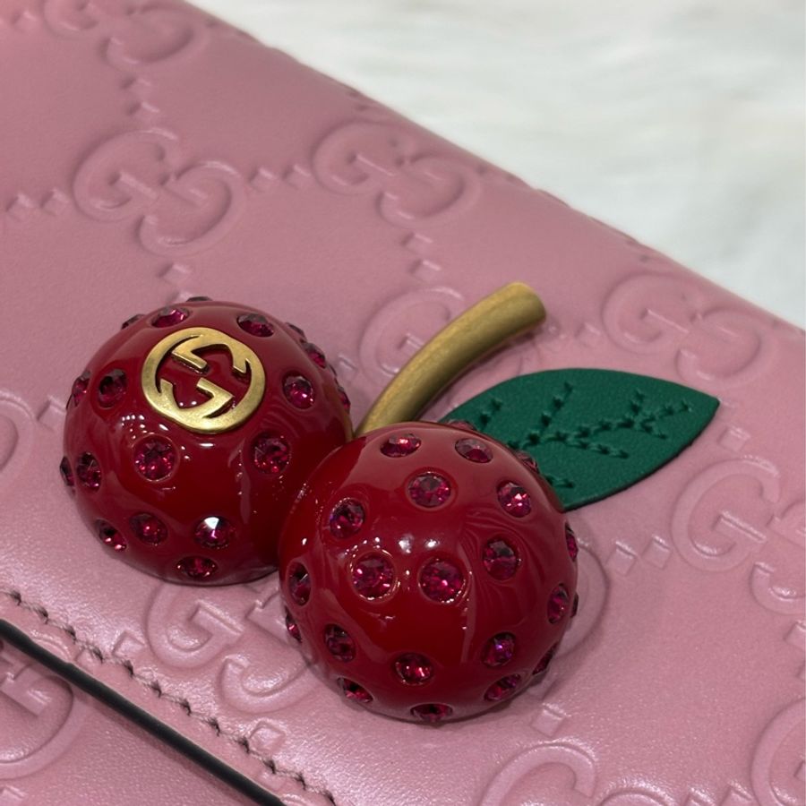 GUCCI 481291 GG Supreme WOC 立體水鑽櫻桃 粉紅色牛皮 肩背包斜背包小廢包手拿包 日本限定-16
