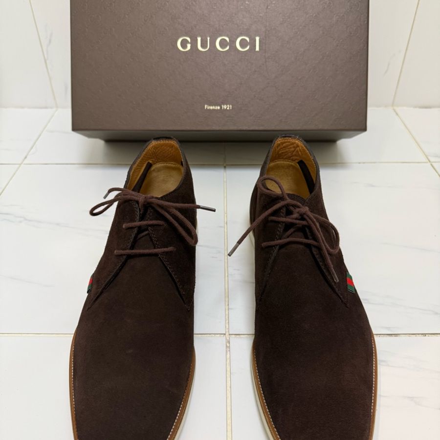 Gucci深咖麂皮綁帶休閒鞋，尺寸9.5-1