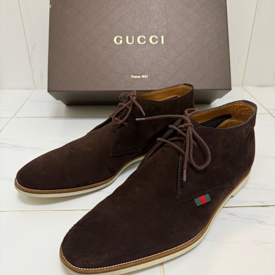 Gucci深咖麂皮綁帶休閒鞋，尺寸9.5-2
