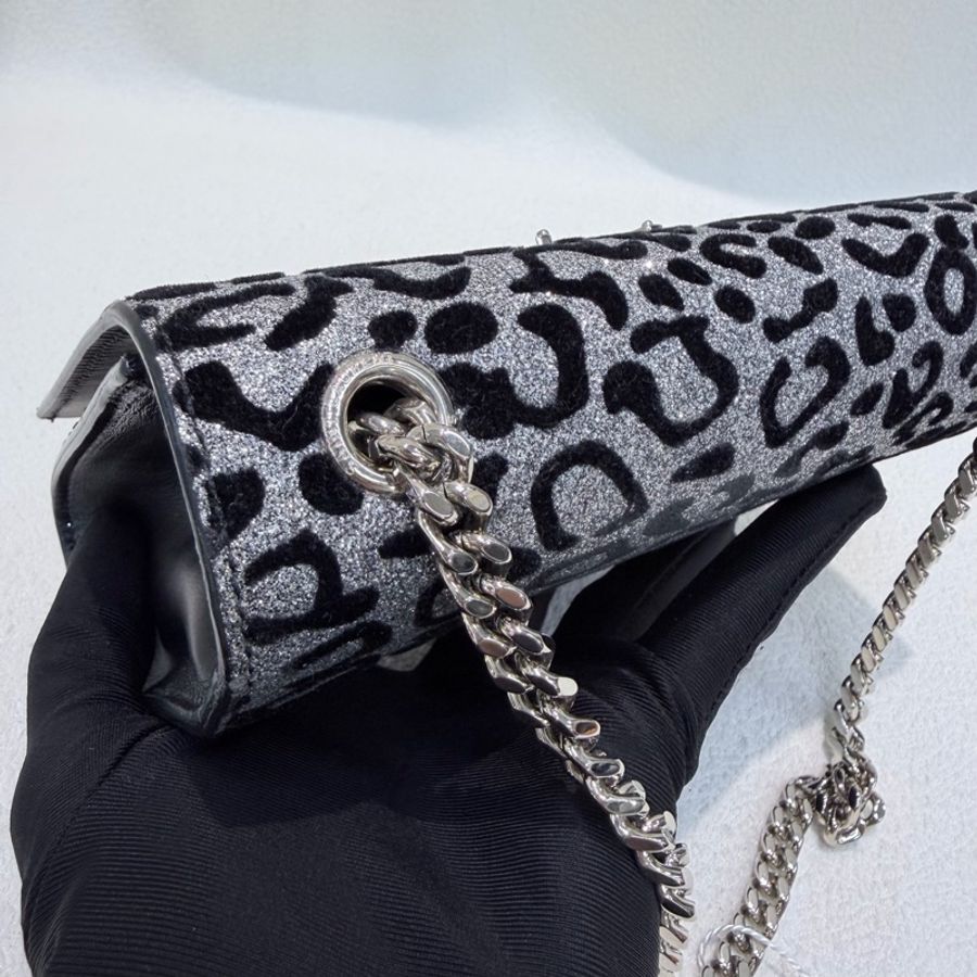 YSL 銀閃粉豹紋流蘇鏈條斜背包 X672-14