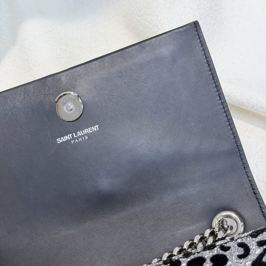 YSL 銀閃粉豹紋流蘇鏈條斜背包 X672-34