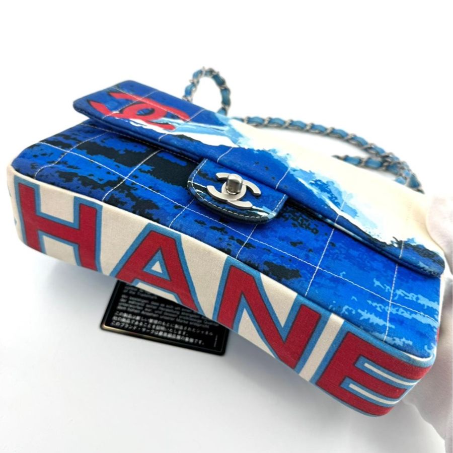 Chanel Vintage 2002 Canvas Surf Line Blue Medium Flap Bag-7
