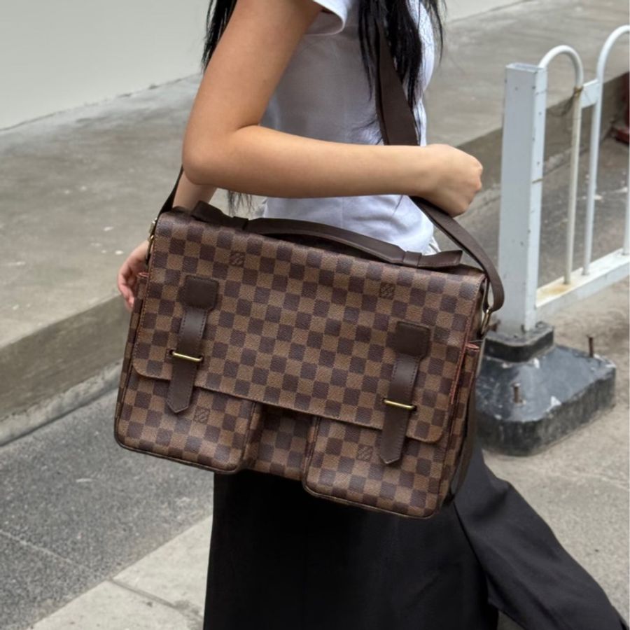 帥得太超過😎限時優惠價😍LV棋盤格Damier咖啡格紋公事包手提肩背包斜挎包-2