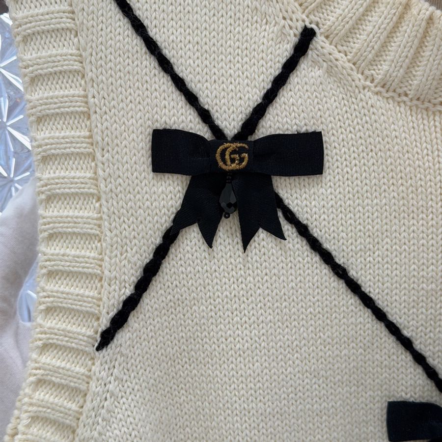 全新帶吊牌GUCCI 古馳款蝴蝶結棉質針織連衣裙白色S碼-1