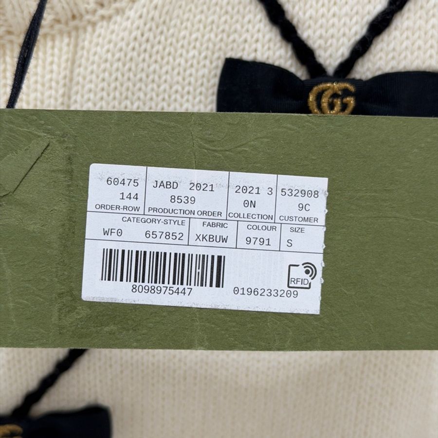全新帶吊牌GUCCI 古馳款蝴蝶結棉質針織連衣裙白色S碼-6