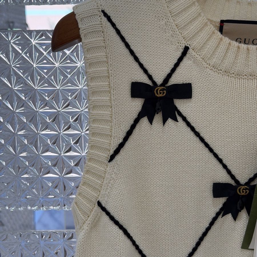 全新帶吊牌GUCCI 古馳款蝴蝶結棉質針織連衣裙白色S碼-12