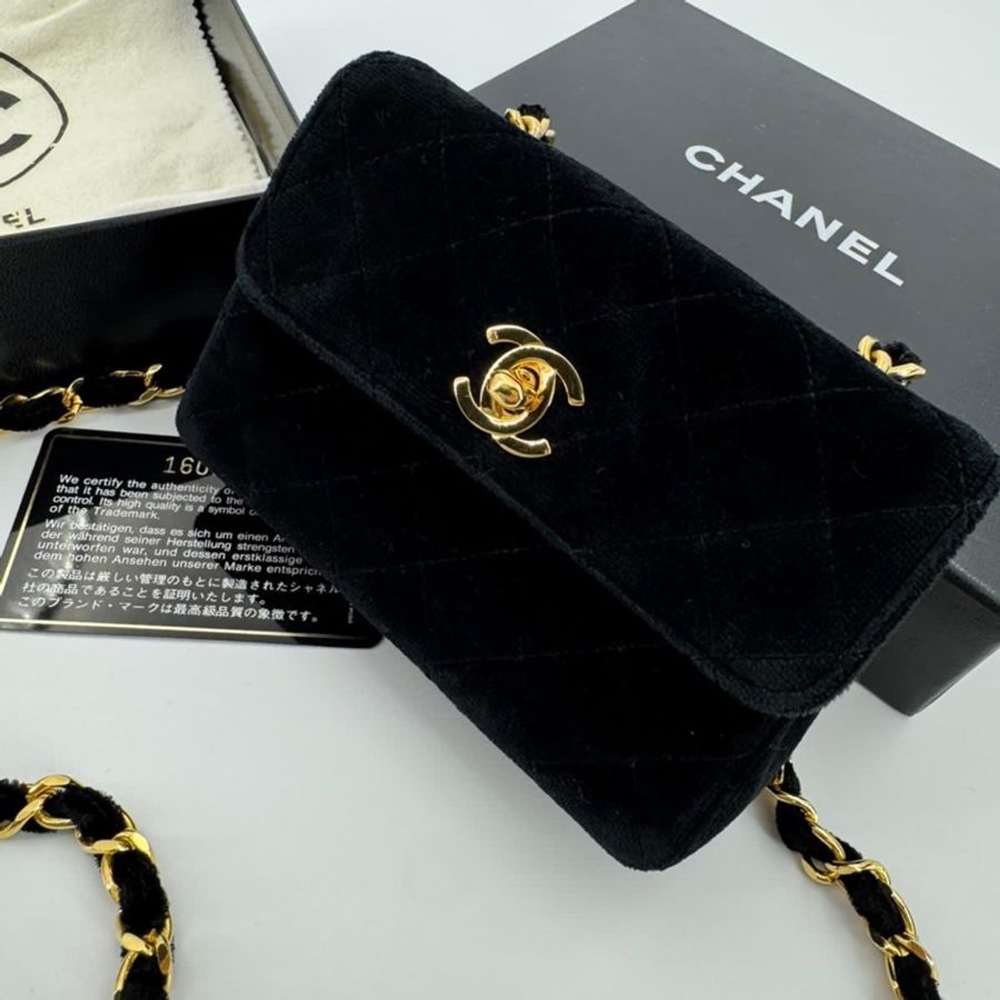 Chanel Vintage Velvet Black Mini Matelasse Single Flap Bag with Gold Hardware-14