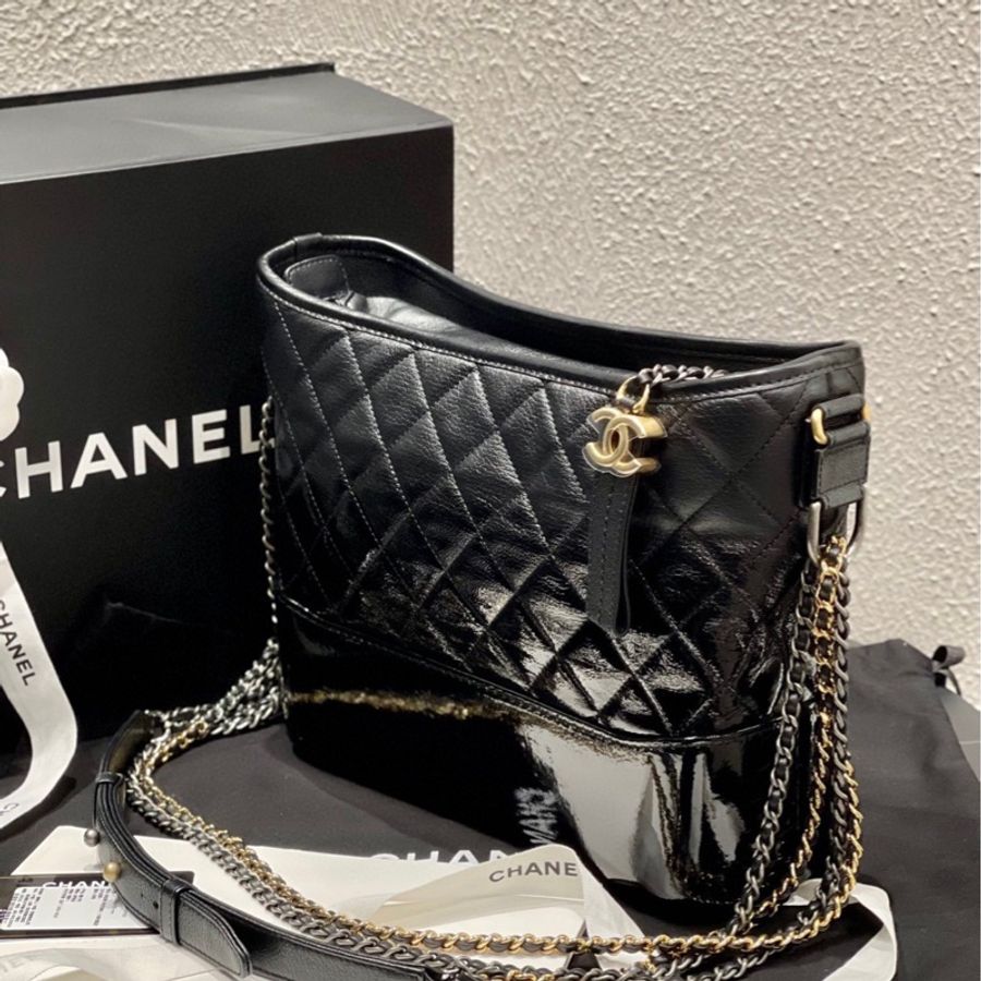 Chanel 香奈兒黑金山羊皮拼漆皮漸變流浪包中號 26開 附件身份卡-1