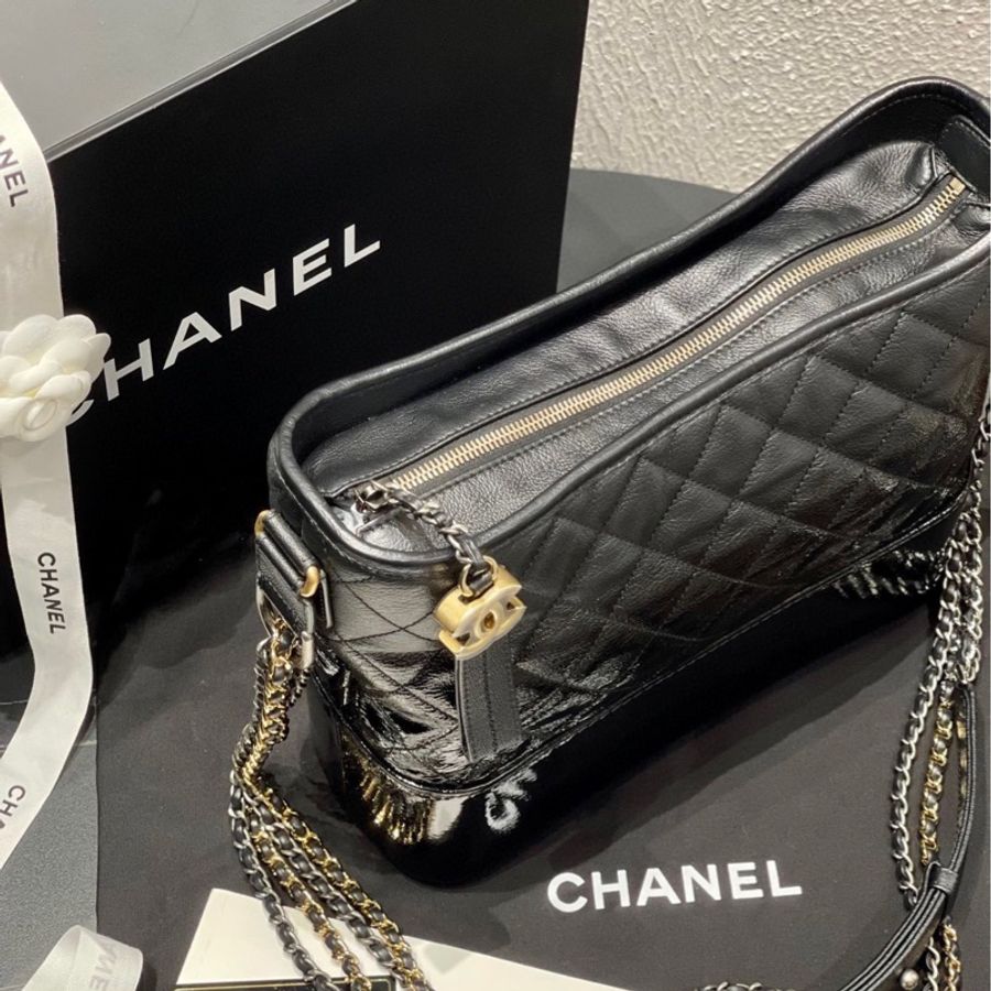 Chanel 香奈兒黑金山羊皮拼漆皮漸變流浪包中號 26開 附件身份卡-4