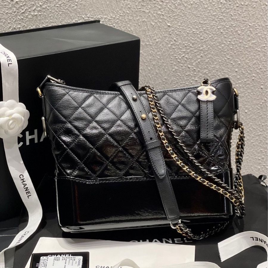 Chanel 香奈兒黑金山羊皮拼漆皮漸變流浪包中號 26開 附件身份卡-8