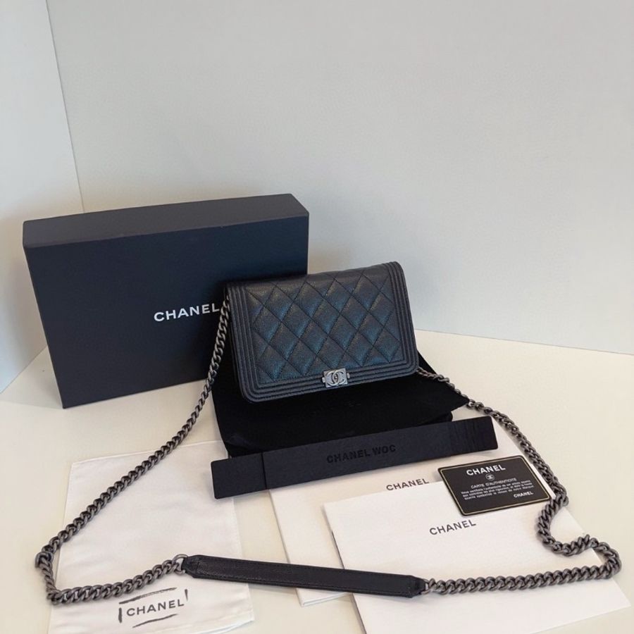 Chanel  黑銀荔枝皮leboy款woc 19.5*12*3.5 98新配件塵袋盒子保卡-1