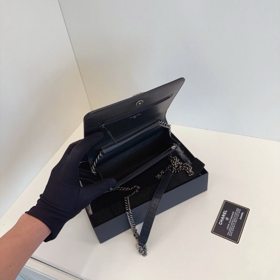 Chanel  黑銀荔枝皮leboy款woc 19.5*12*3.5 98新配件塵袋盒子保卡-2