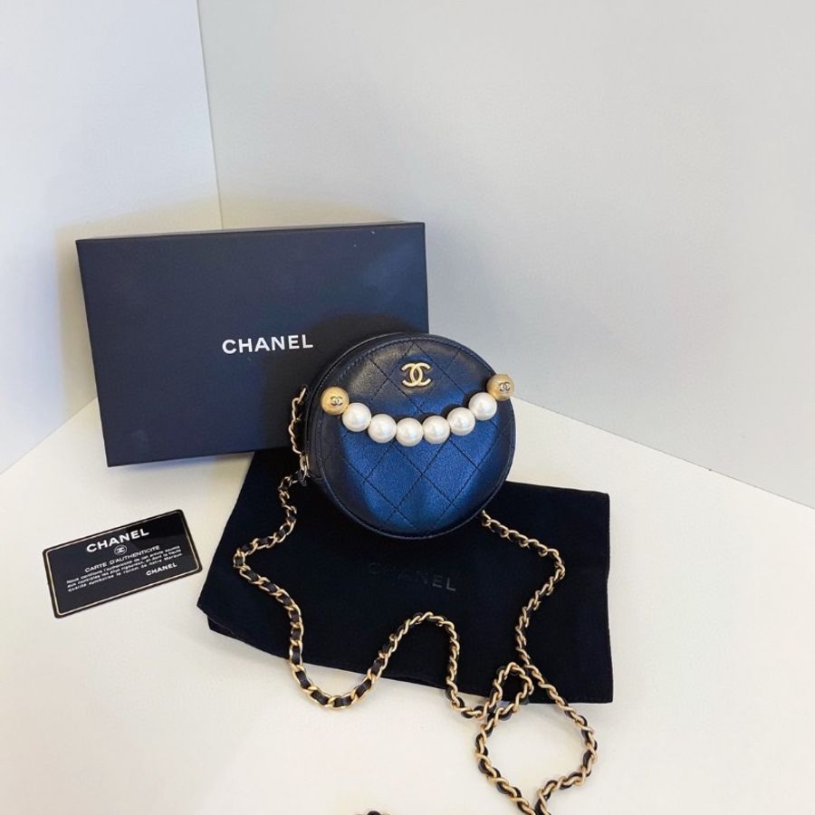 Chanel 黑金珍珠小圓餅鏈條包 12*12 99新配件塵袋盒子購證保卡-1