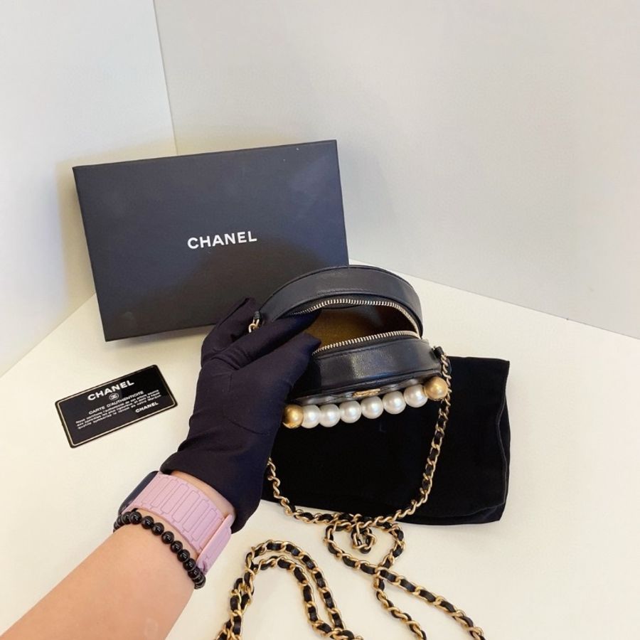Chanel 黑金珍珠小圓餅鏈條包 12*12 99新配件塵袋盒子購證保卡-2