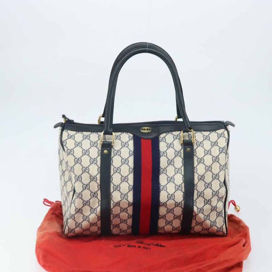 【日本直送】GUCCI GG Supreme Sherry Line 迷你波士頓包 PVC 海軍藍金色 正品 am10364-23