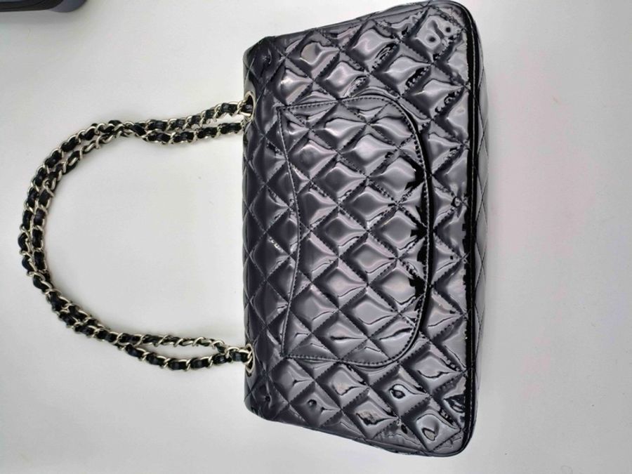 Chanel • 經典Cf 25 黑色漆皮銀釦口蓋包 中號 有購證-11