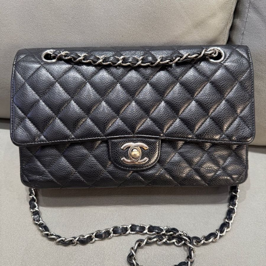 Chanel • 經典Cf 25 荔枝牛皮銀釦口蓋包 中號-4