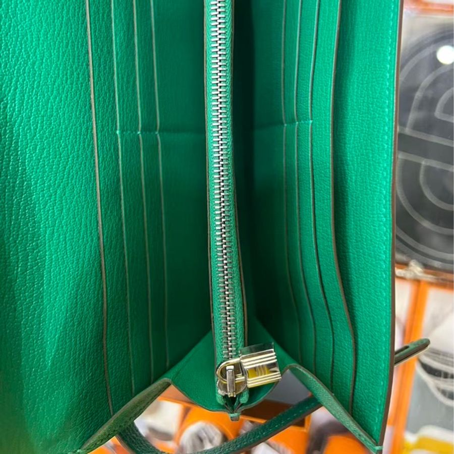🌈Hermes💚Kelly Wallet💚竹子綠色銀扣🌟99新閑置🌟山羊皮🌟有盒🌟愛馬仕🌟-4