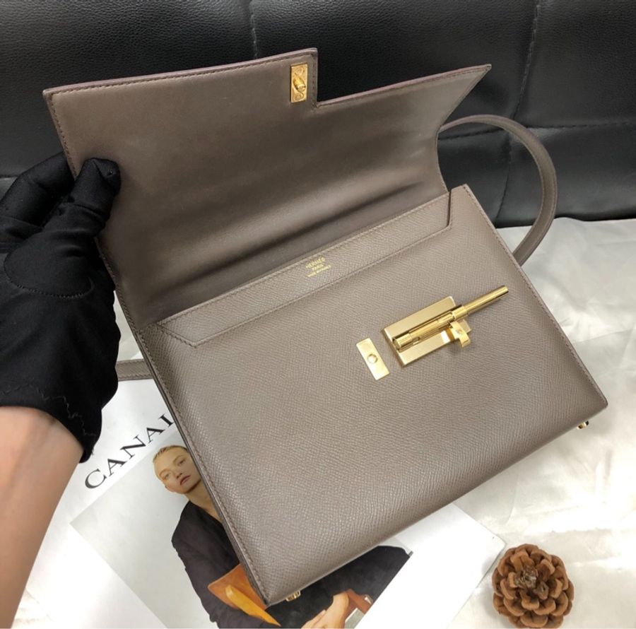 【全網最便宜✨90%新】愛馬仕Hermes verrou23錫器灰金扣手槍包-7