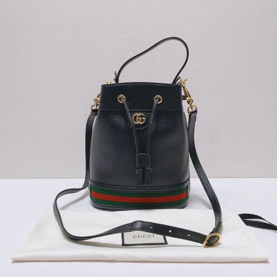 Gucci Ophidia黑色抽繩水桶包20x10x25 98新配件塵袋-1