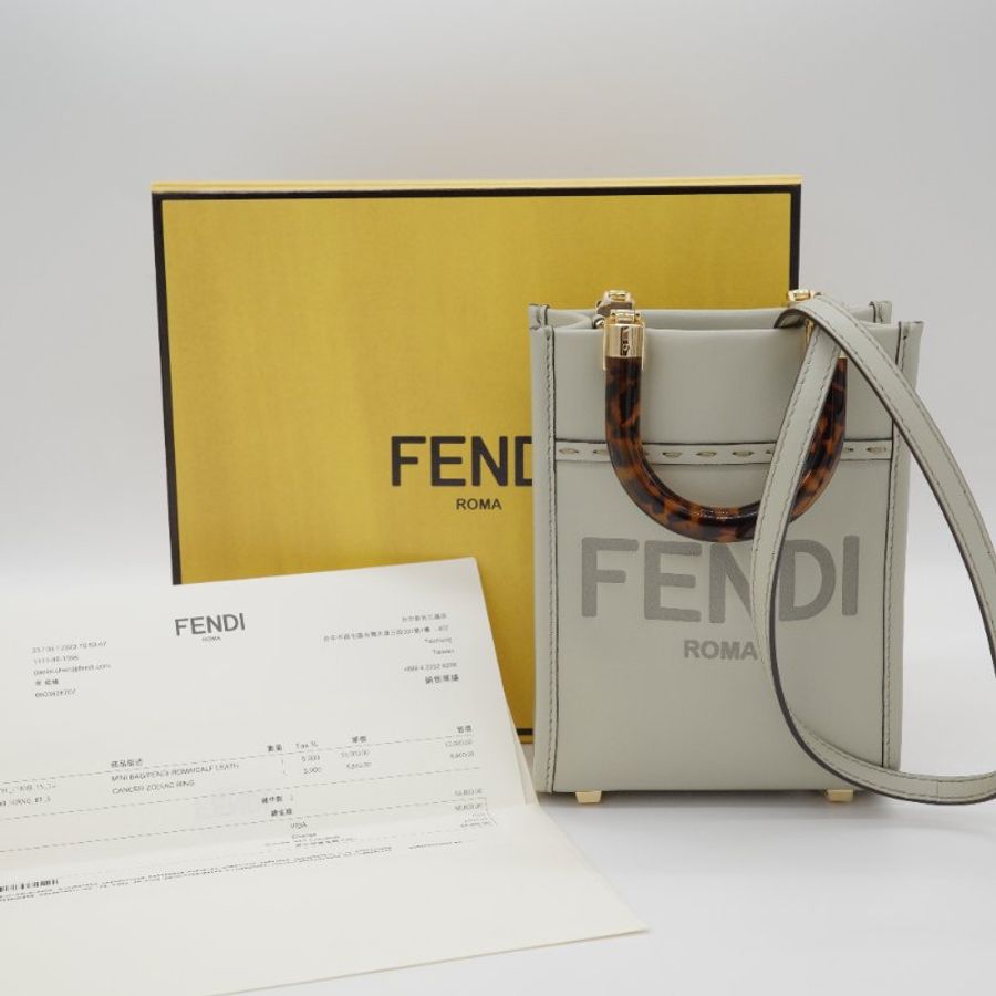 Fendi 芬迪 Sunshine Logo 淺綠色 牛皮 玳瑁紋 壓克力提把 托特包 肩背包-1