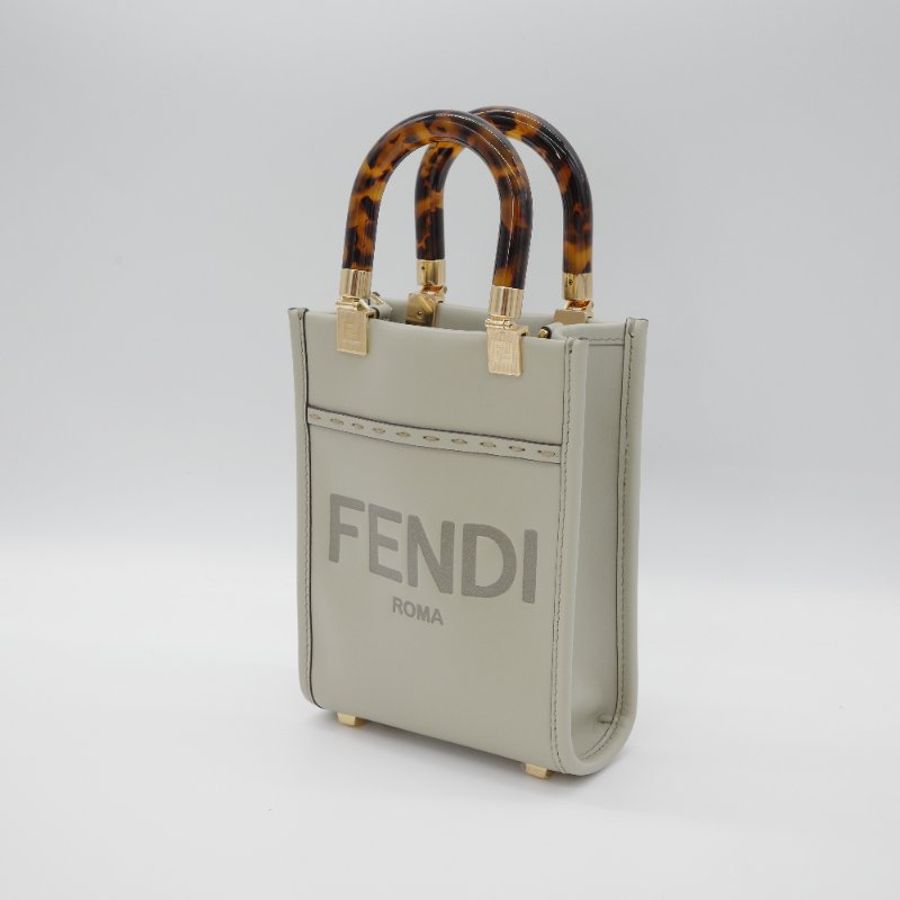 Fendi 芬迪 Sunshine Logo 淺綠色 牛皮 玳瑁紋 壓克力提把 托特包 肩背包-3