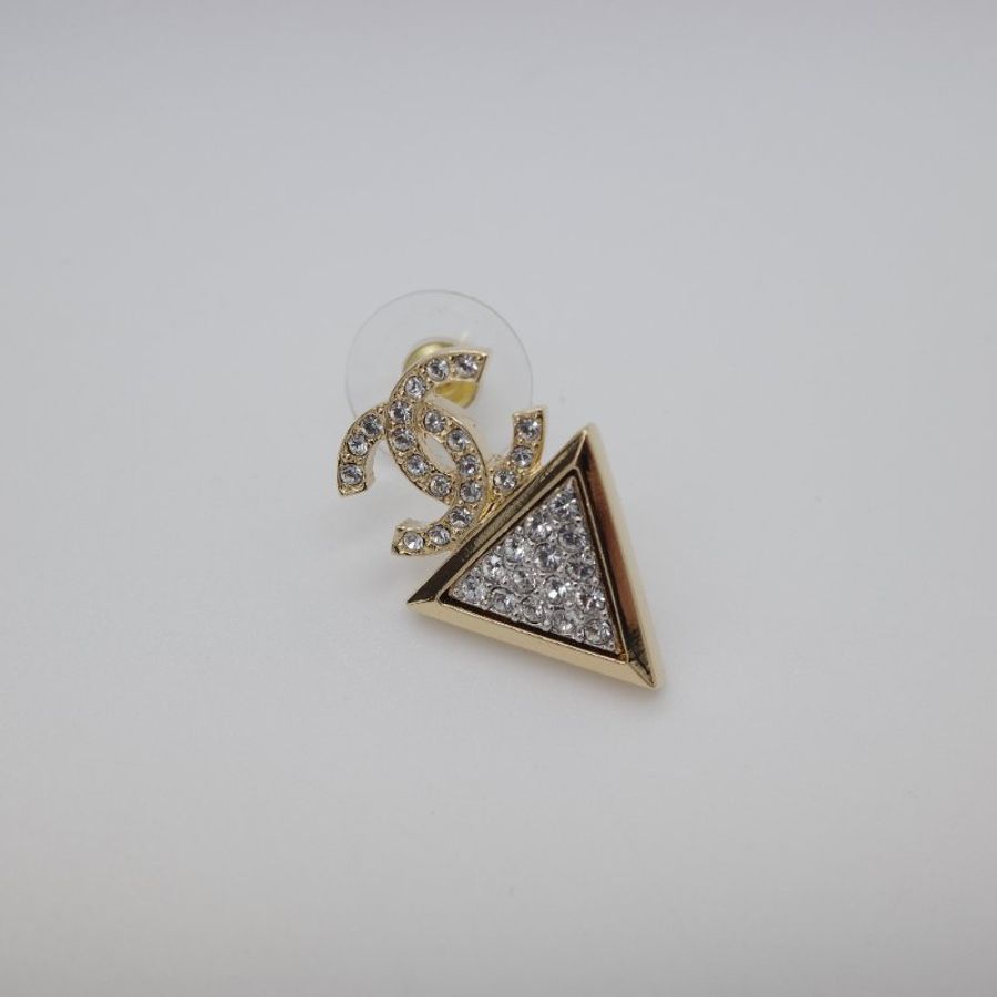 Chanel 香奈兒 金色鍍金 雙 C 水鑽 三角形 針式耳環-6