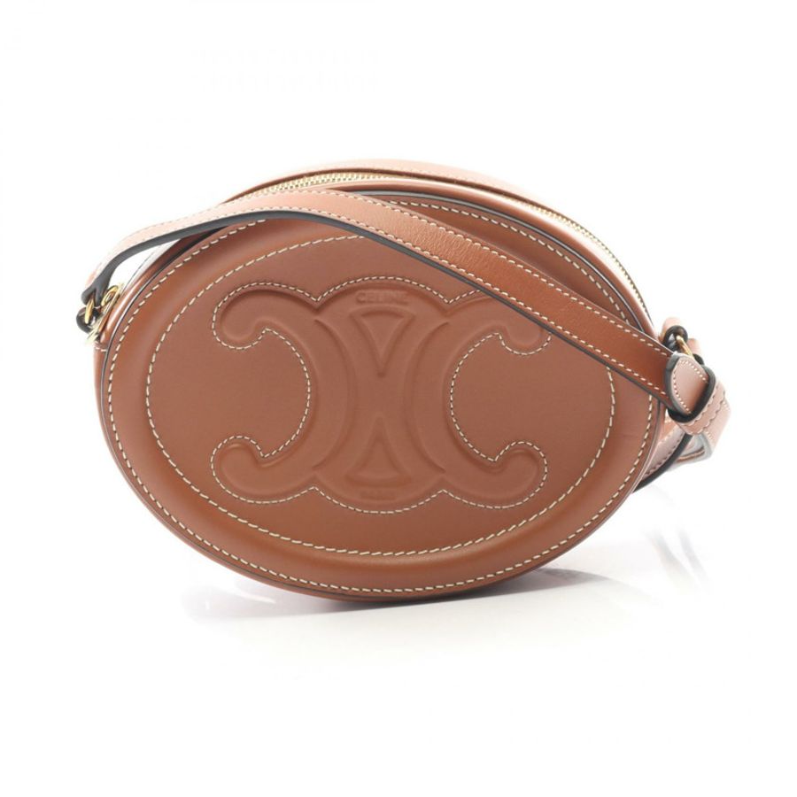 CELINE 斜背橢圓形手提包 Cuir Triomphe 肩背包 10I703 皮革 棕色 二手-0